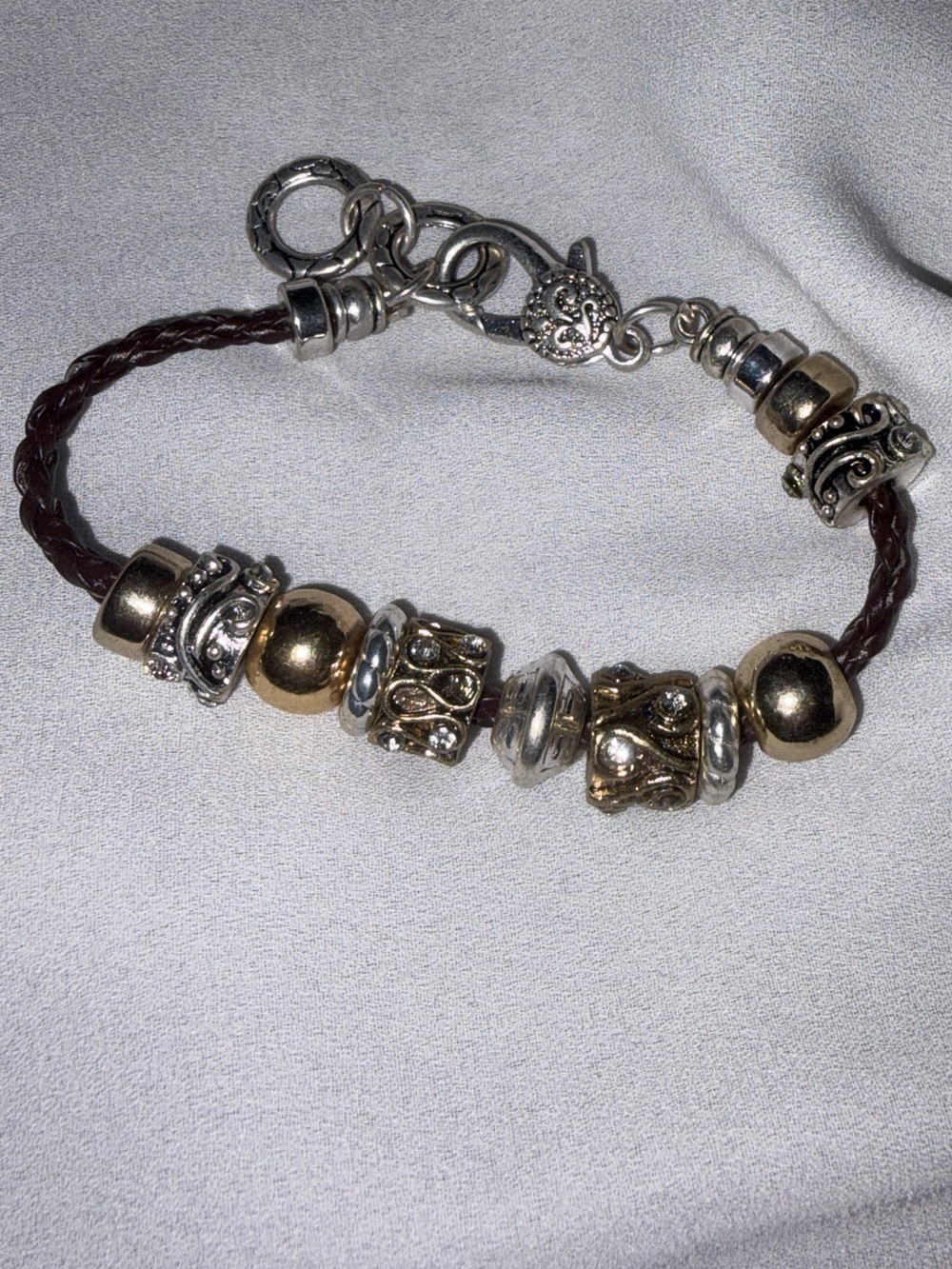 Brown Braided Cord European Bead Bracelet Two Tone Rhinestone Boho Y2K
